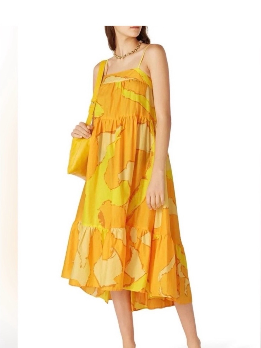 Simon Miller Yellow Orange Abstract Tiered Midi Dress